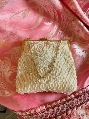 Vintage Small White Beaded Evening Purse with Gold Chain Strap